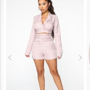 Pink high waist plaid blazer two piece short set